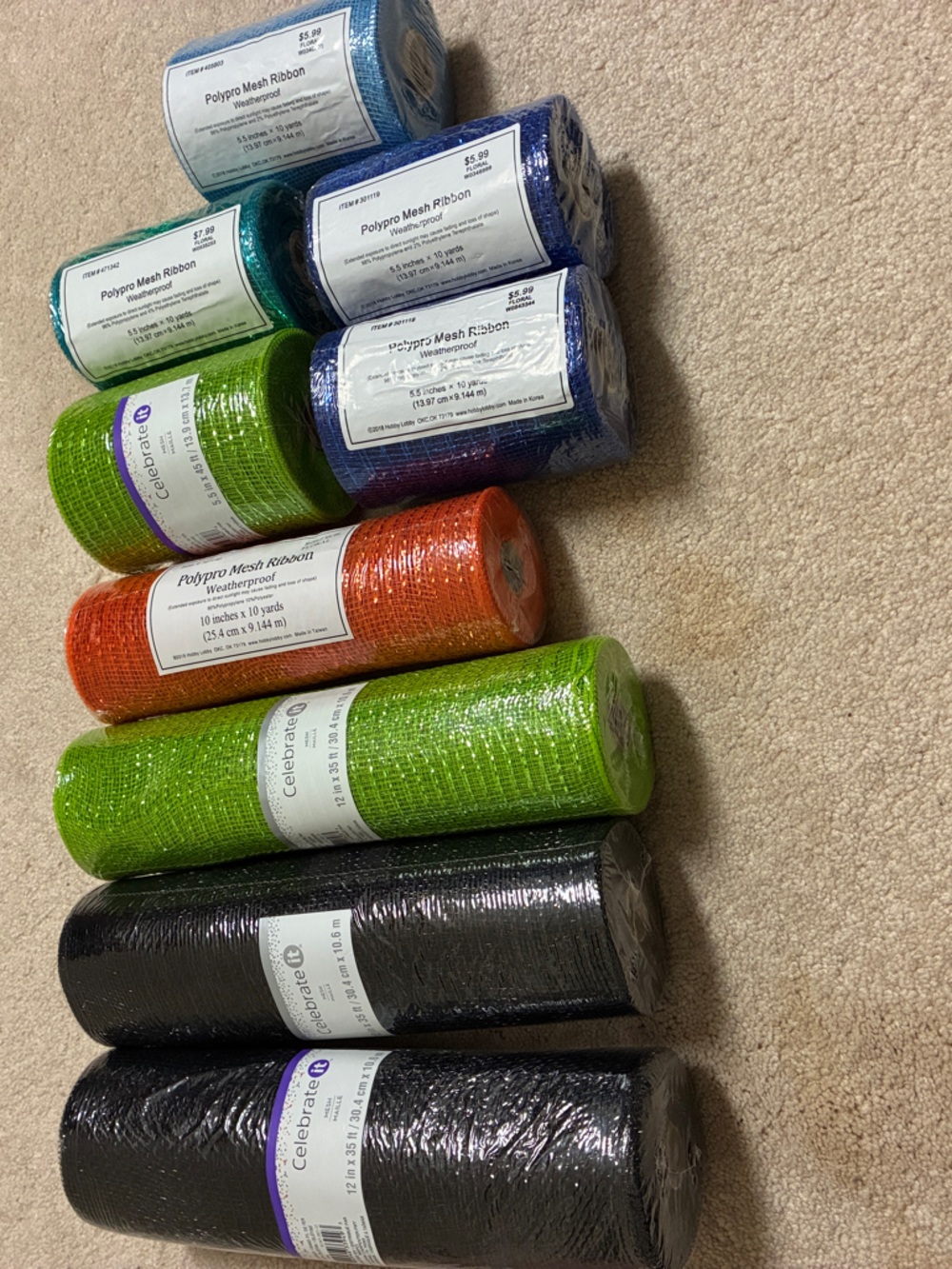 Mesh Craft Roll - Black Lime Green orange royal blue light blue and teal 9 rolls